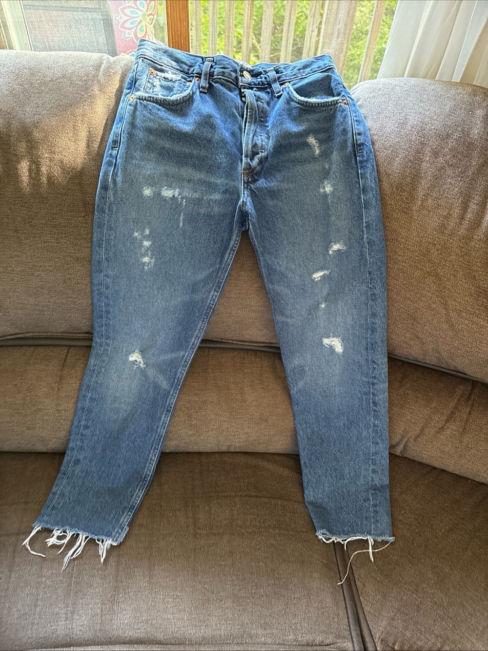 Agolde Jamie Distressed High Rise Straight Leg Cropped Jeans Womens Size 23